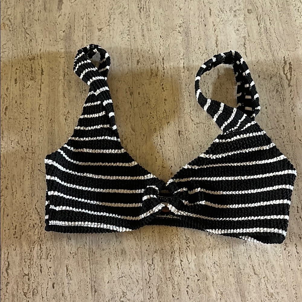 Black and White Striped Knit Bikini Top
